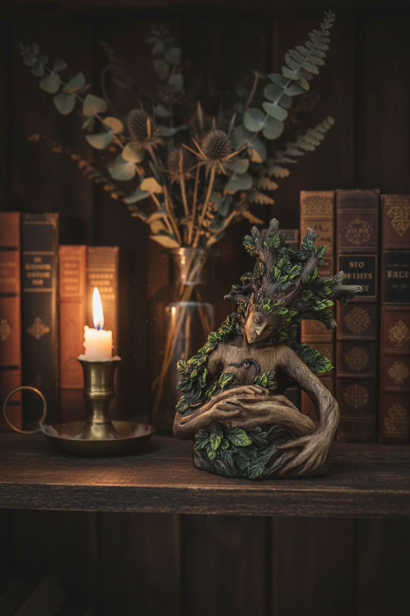 Forest Goddess Sculpture styled on a dark wooden shelf with candlelight and botanicals