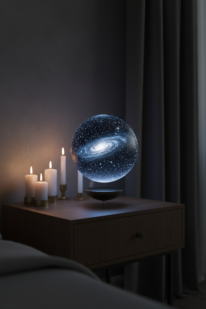 Magnetic Levitating Starry Sky Ornament glowing on a dark minimalist bedside table with candlelight